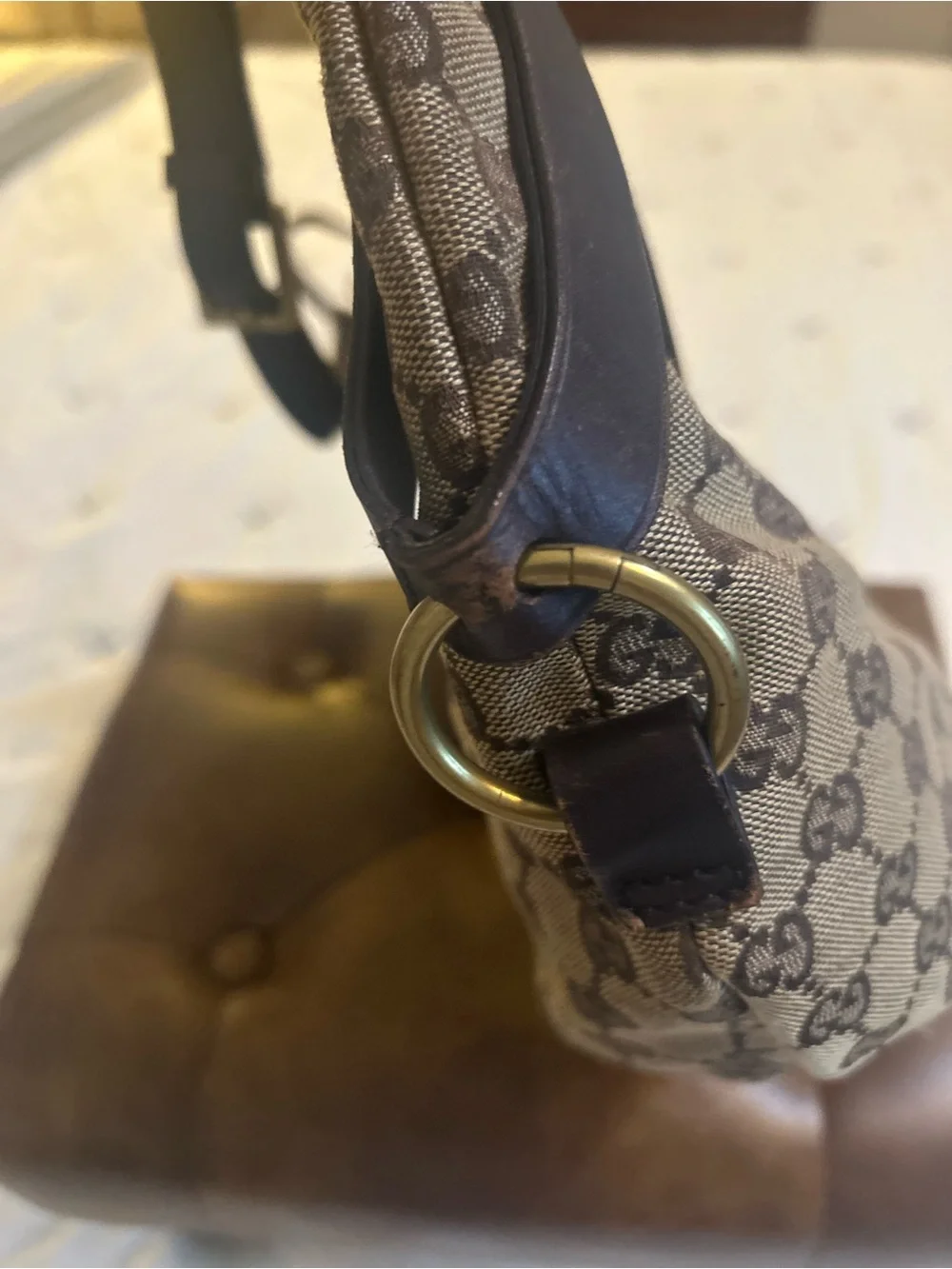 Rare & Authentic Vintage Gucci Beige Brown GG Canvas Crescent Hobo Bag